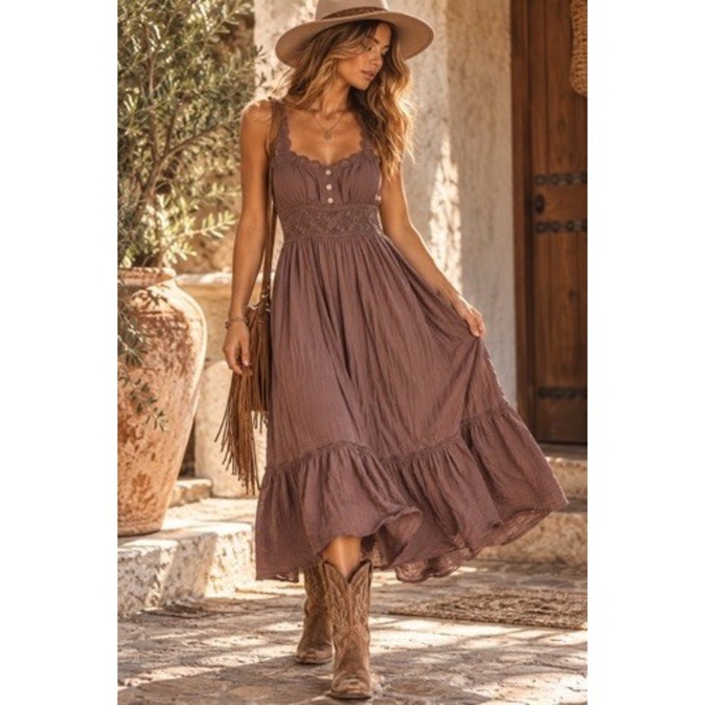 American Eagle Womens Brown Cotton Lace Trim Smocked Maxi Dress Medium Cottage
